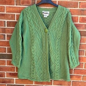 VTG Aran Crafts Merino Wool Cable Knit One Button Aran Cardigan Sweater L Green